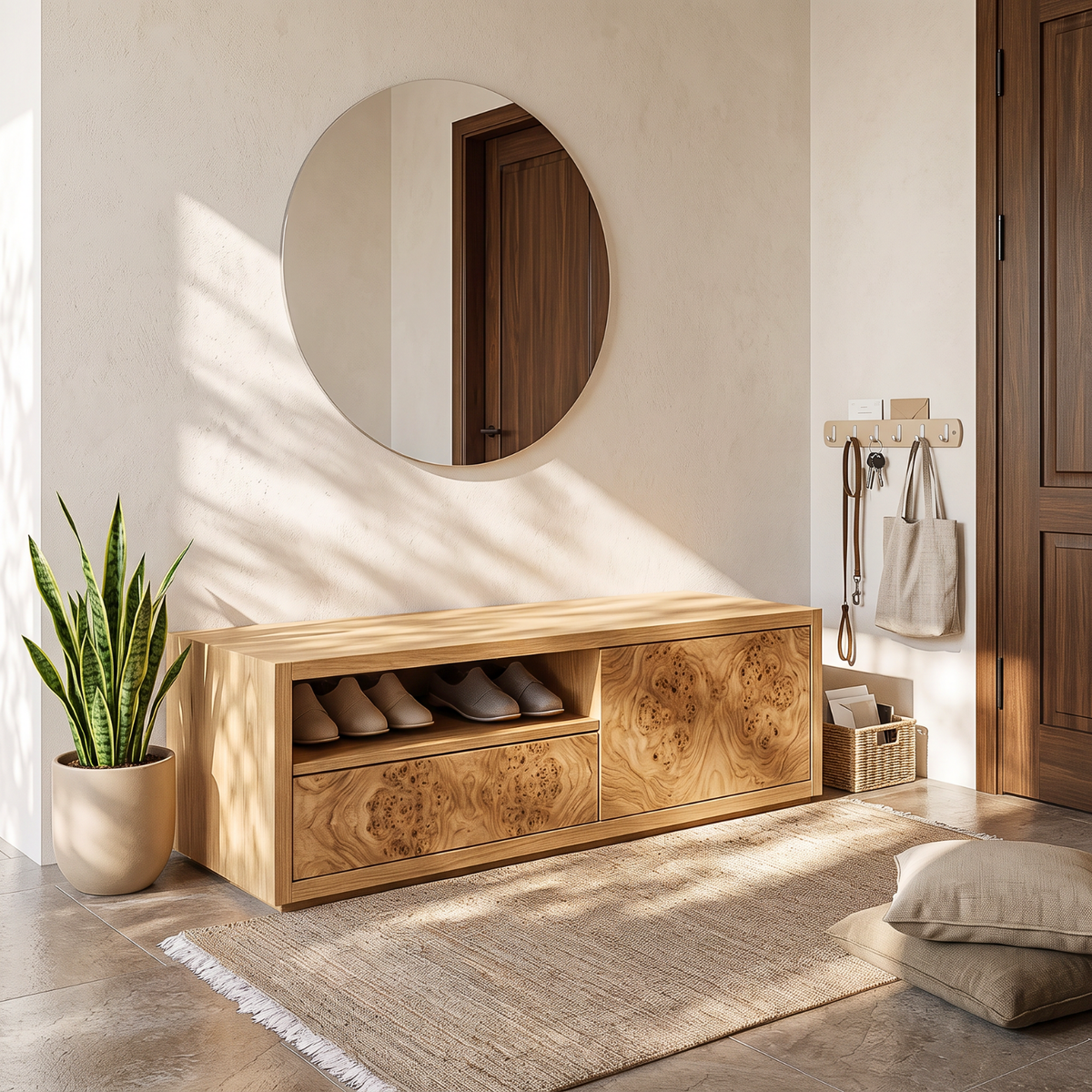 Shoe Cabinet Solid Wood with Open Display Shelf and Enclosed Storage