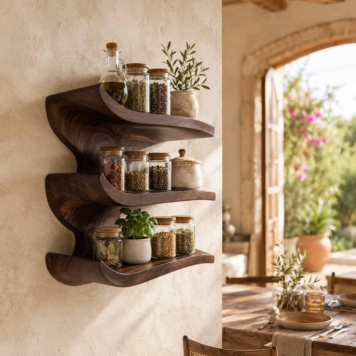 Solid Wood Three Tier Curved Spice Rack with Sculptural Wall Mounted Design