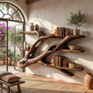 Sculptural Solid Wood Wall Bookshelf with Flowing Branch Shelves