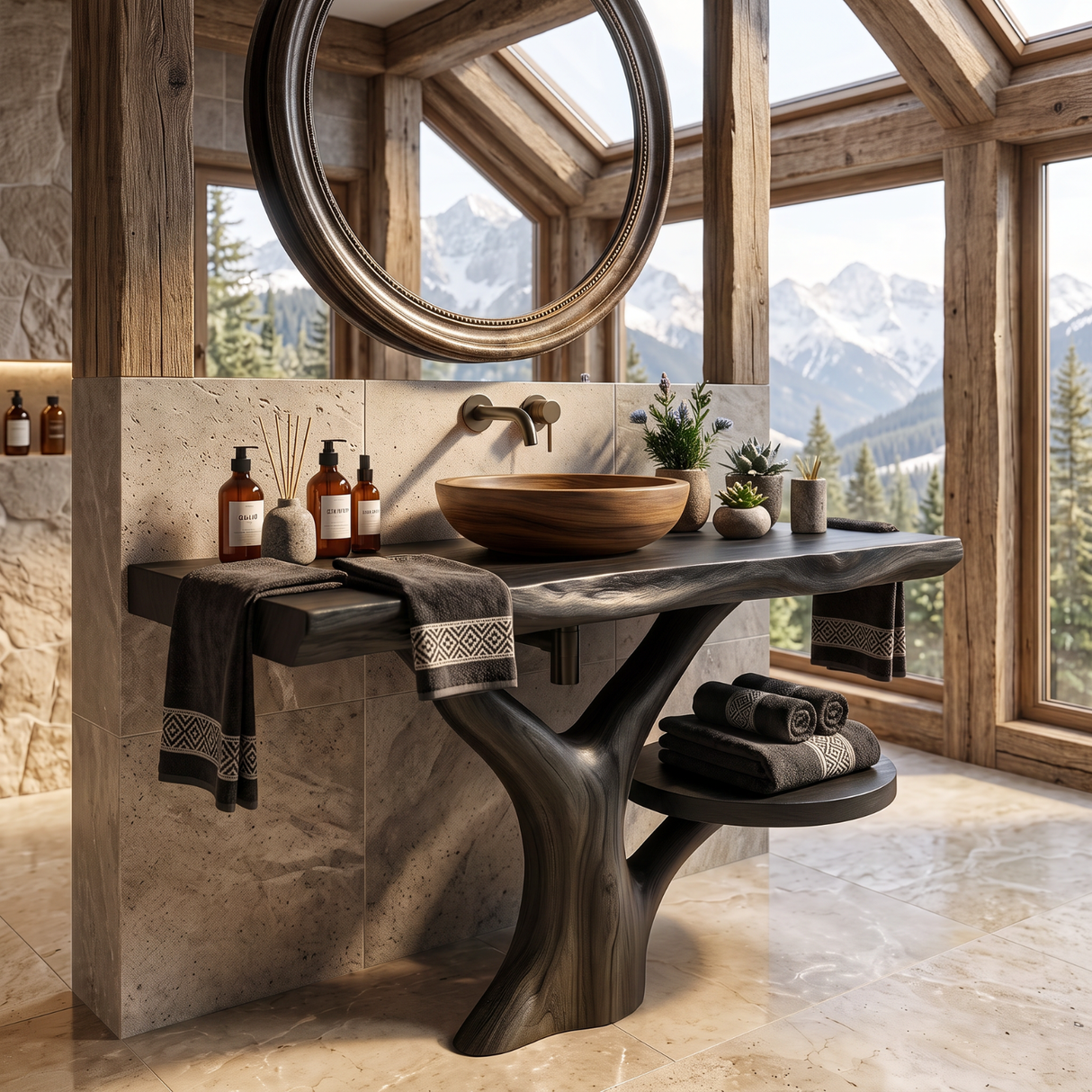 Bathroom Vanity Solid Wood with Tree Inspired Pedestal and Side Shelf for Spa Bathroom