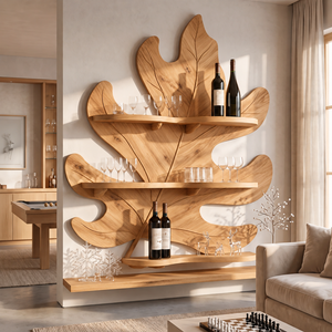 Tropical Leaf Solid Wood Wine Rack with Sculptural Wall Shelves