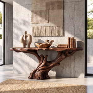 Console Table Solid Wood with Sculptural Tree Branch Base for Entryway