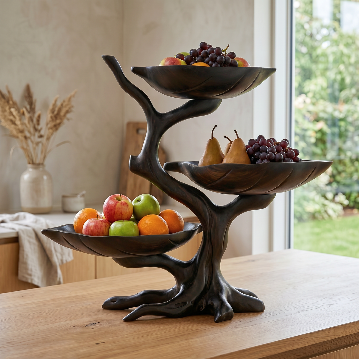 Solid Wood Three-Level Fruit Display Bowl with Organic Branch Pedestal