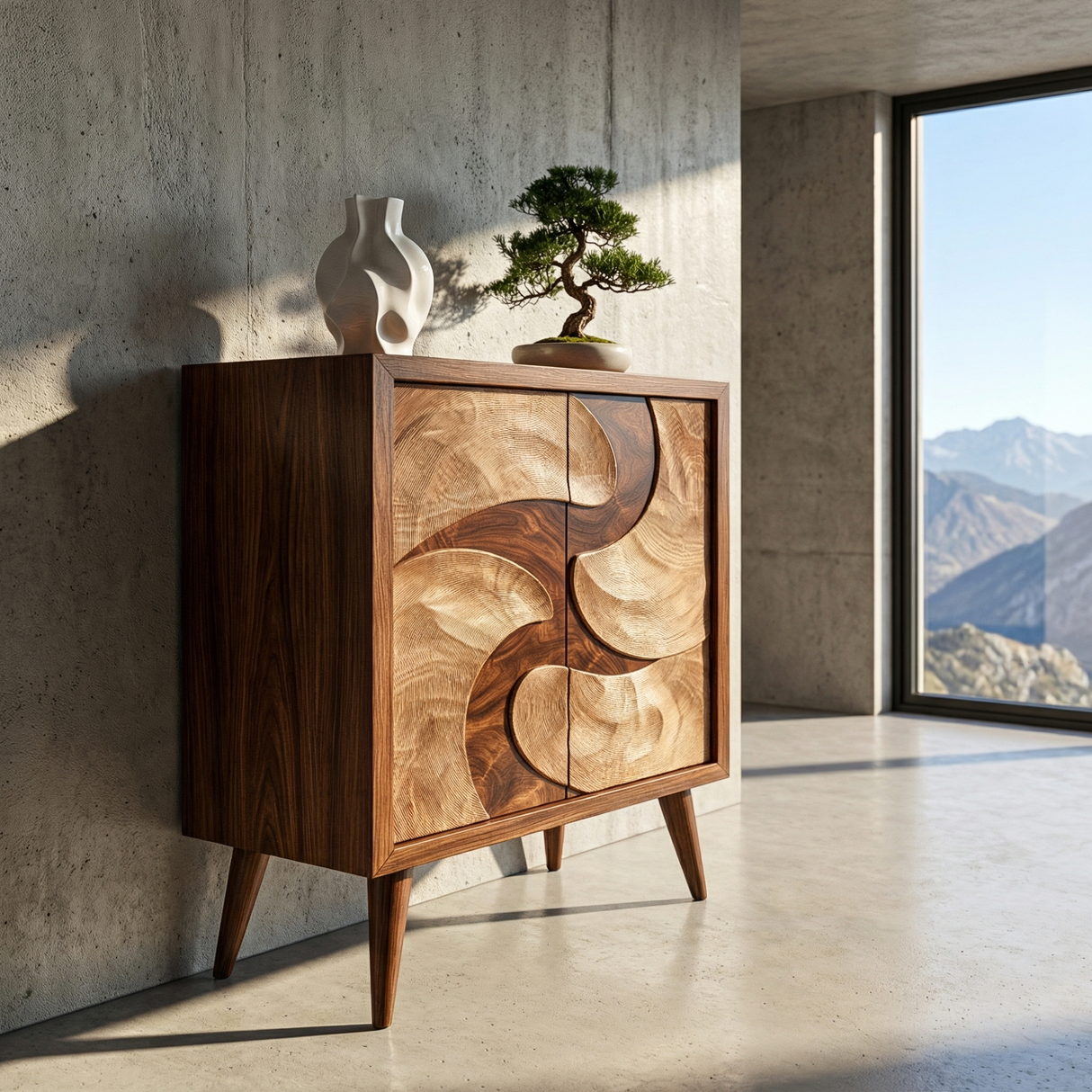 Solid Wood Sideboard with Sculptural Organic Relief Doors for Modern Living Spaces