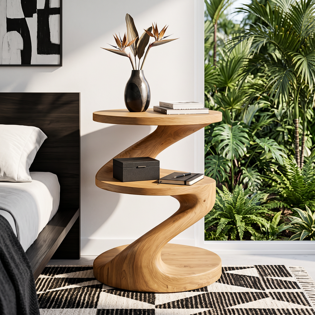 Handcrafted Solid Wood Side Table with Sculptural S Curve Design