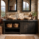 Bathroom Vanity Solid Wood with Double Sink and Open Shelf Storage for Rustic Bathroom