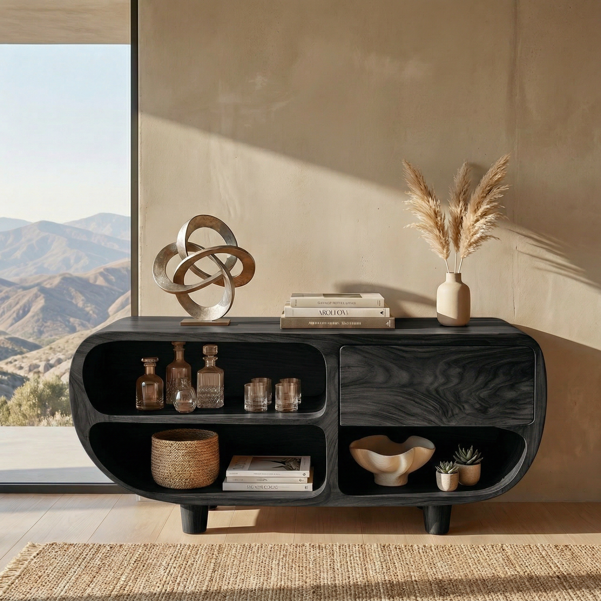 Solid Wood Sideboard with Rounded Open Shelves for Organic Modern Interiors