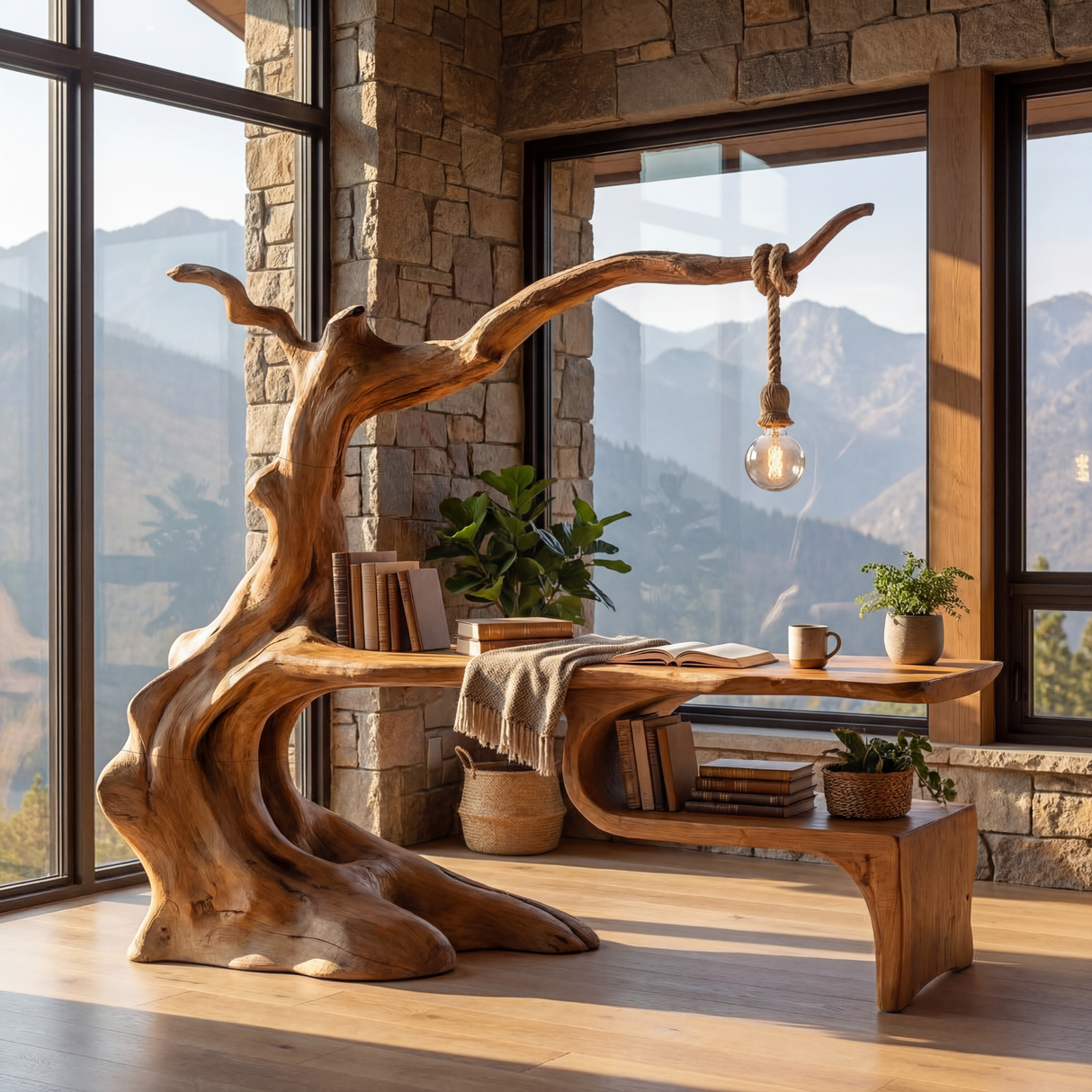 Solid Wood Organic Desk Sculptural Tree Inspired Workspace with Hanging Lamp Modern Writing Table