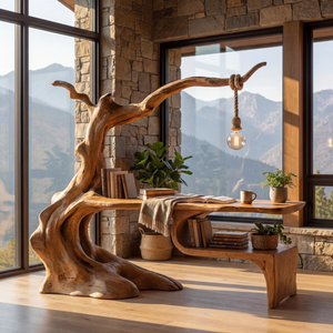 Solid Wood Organic Desk Sculptural Tree Inspired Workspace with Hanging Lamp Modern Writing Table