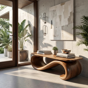 Organic Wood Bench with Sculptural Loop Base for Modern Interiors