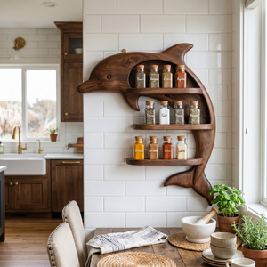 Handmade Solid Wood Dolphin Spice Organizer with Three Open Kitchen Shelves