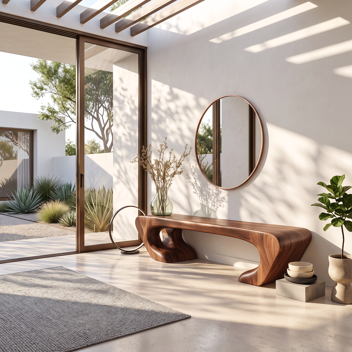 Bench Solid Wood with Sculptural Asymmetrical Base and Flowing Organic Seat