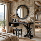 Handmade Solid Wood Vanity Table with Floating Cubby Shelf and Sculptural Tree Base