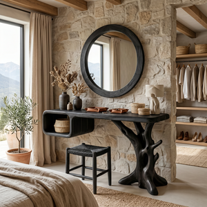 Handmade Solid Wood Vanity Table with Floating Cubby Shelf and Sculptural Tree Base