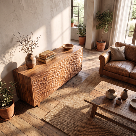 Sideboard Solid Wood with Sculptural Horizontal Wave Carved Doors