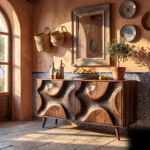 Sculpted Relief Solid Wood Sideboard Cabinet for Living and Dining