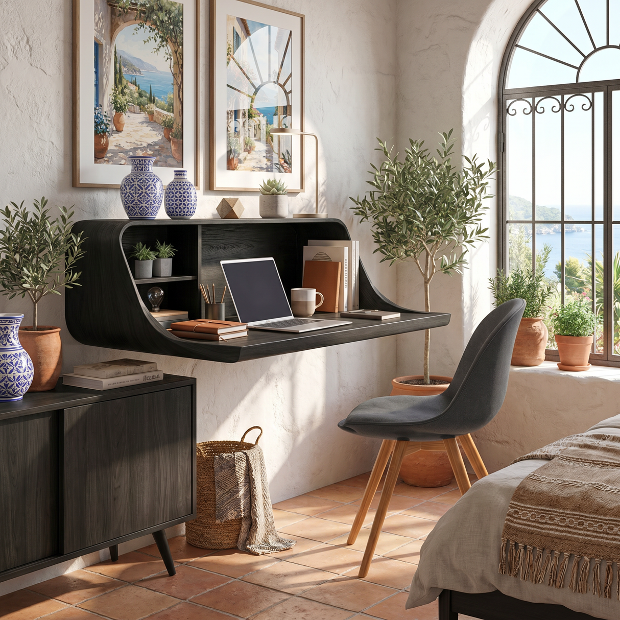Modern Floating Desk with Integrated Shelf Storage
