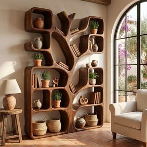 Handcrafted Solid Wood Tree Bookshelf with Organic Open Display Shelves