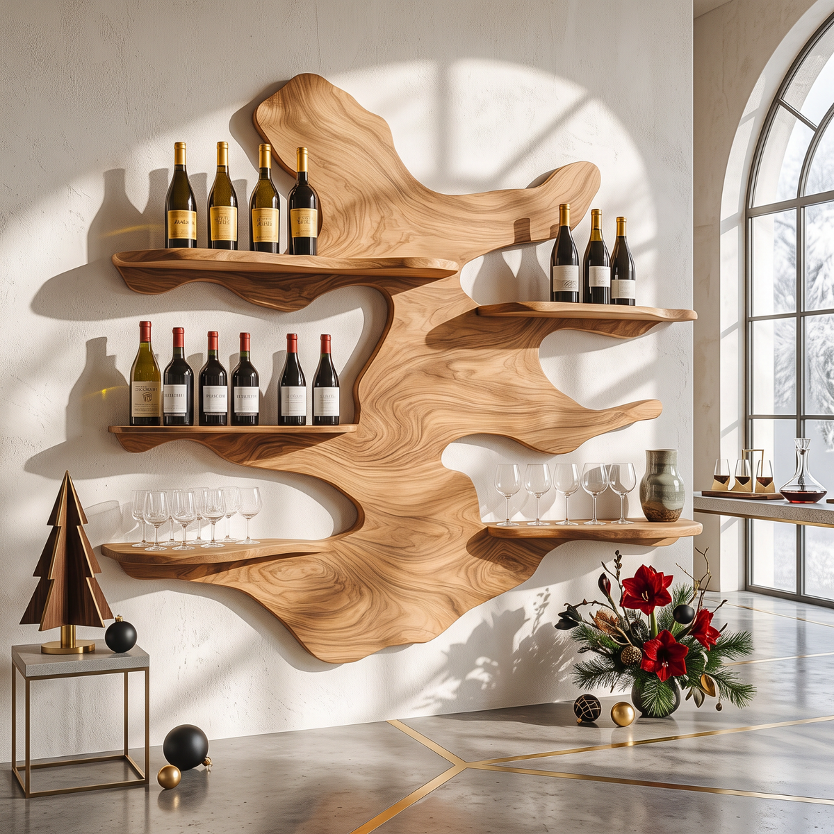 Sculptural Solid Wood Wall Wine Rack with Five Offset Display Shelves