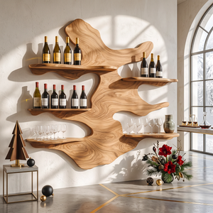 Sculptural Solid Wood Wall Wine Rack with Five Offset Display Shelves