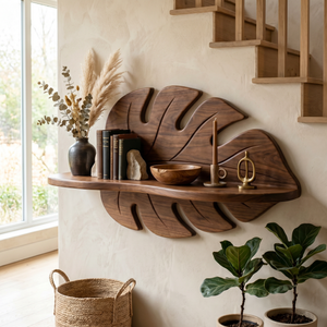Hand Sculpted Solid Wood Tropical Leaf Wall Shelf with Display Ledge