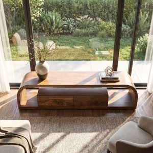 TV Console Solid Wood with Rounded Frame and Cabinet Storage for Living Room