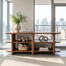 Handcrafted Solid Wood Organic Open Shelf Sideboard Console with Sculptural Curved Frame