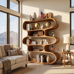 Organic Wavy Wooden Bookshelf Handmade Sculptural Solid Wood Modern Display Shelf