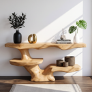 Solid Wood Console Table with Asymmetrical Floating Shelves and Sculptural Trunk Base