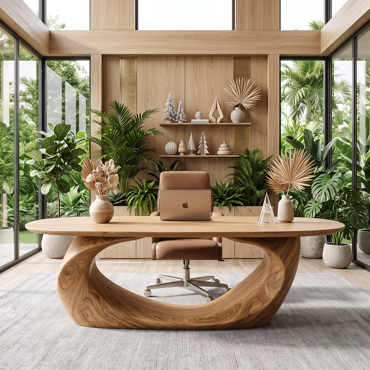 Sculptural Solid Wood Executive Desk with Organic Oval Base