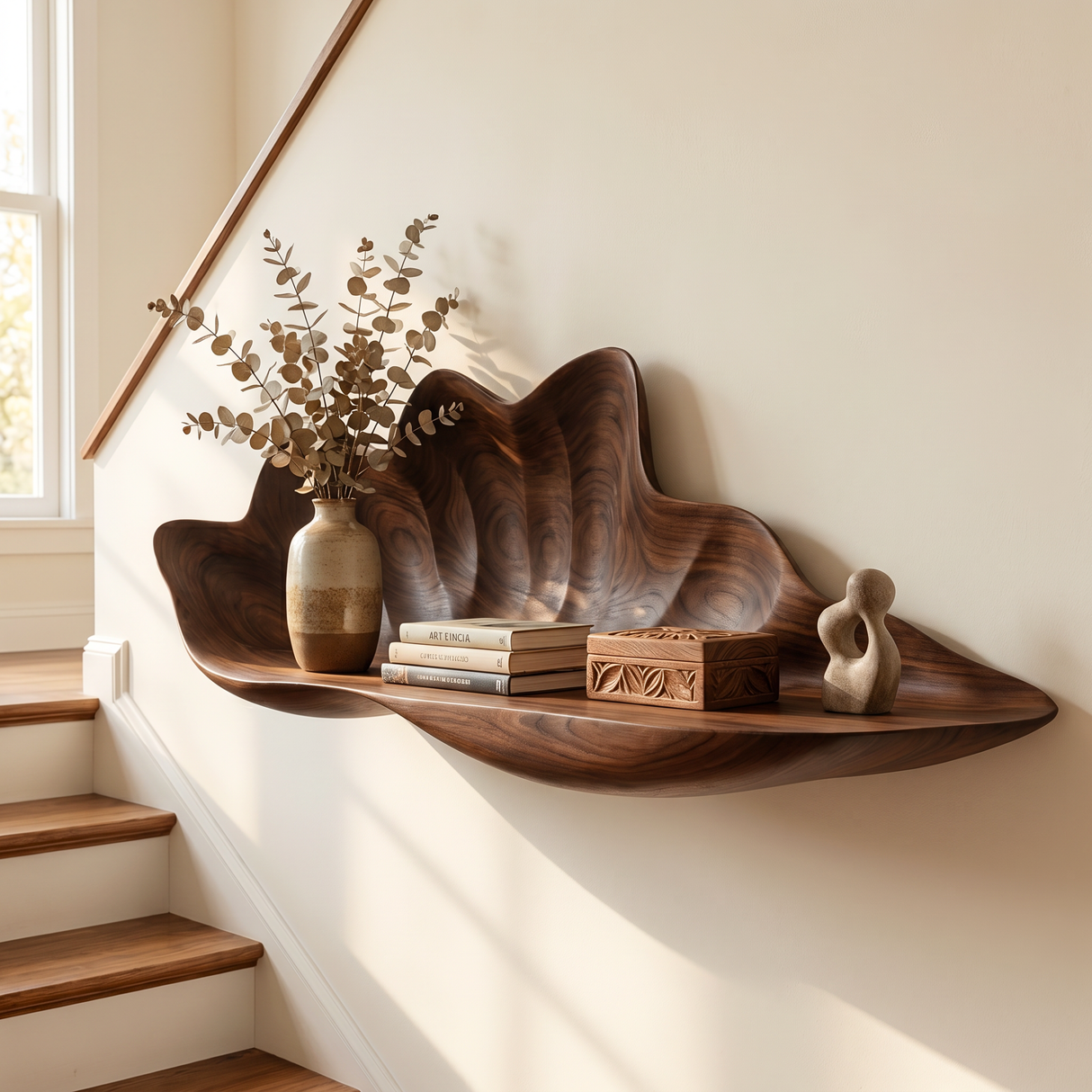Handcrafted Solid Wood Flower Petal Wall Shelf for Books and Decor