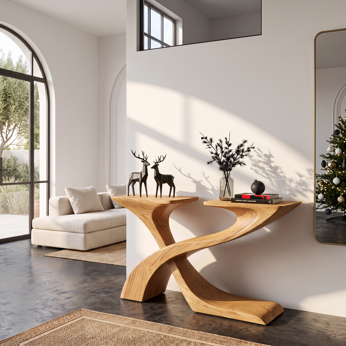 Sculptural Solid Wood Console Table with Crossing Ribbon Base