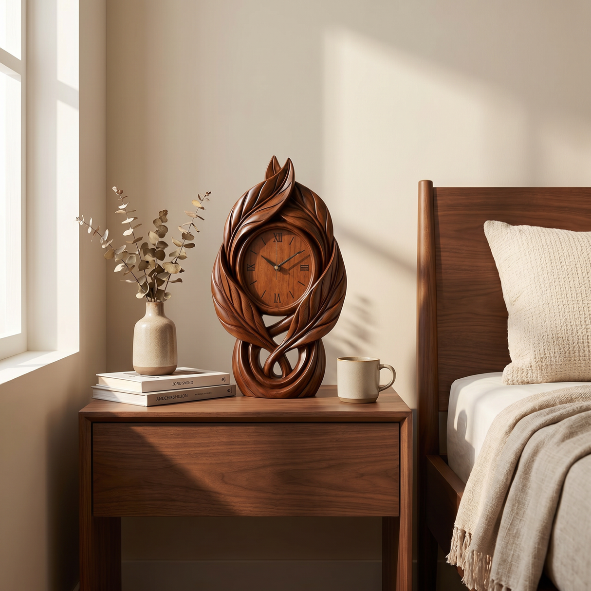 Solid Wood Table Clock with Leaf-Inspired Sculptural Frame