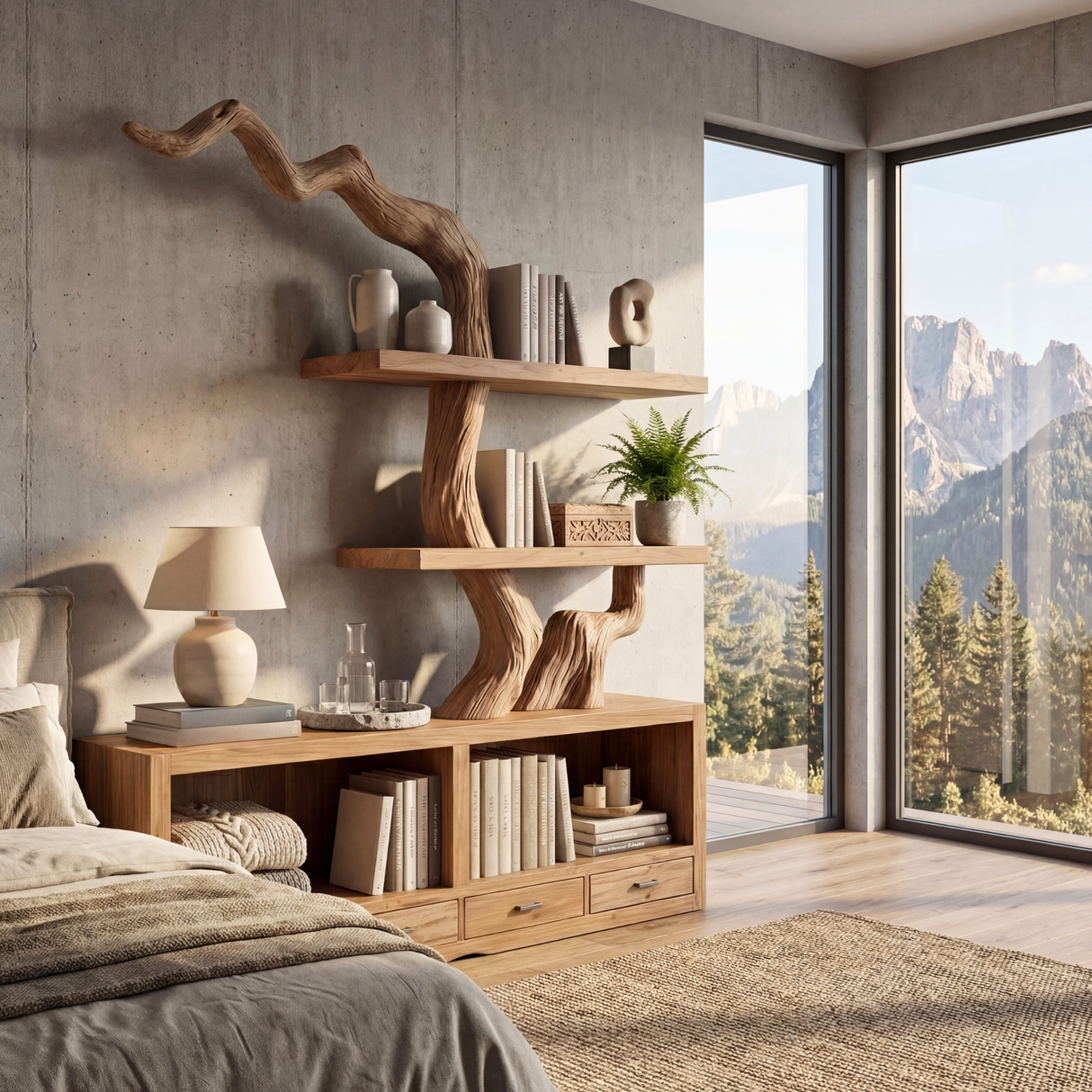 Solid Wood Bookshelf with Sculptural Tree Form and Storage Base