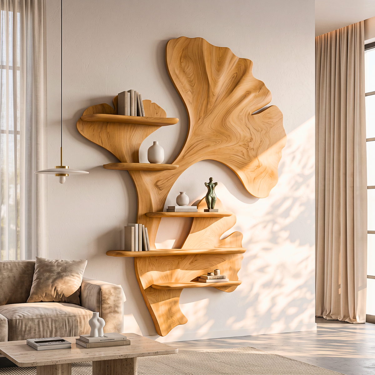 Ginkgo Leaf Solid Wood Wall Shelf with Sculptural Botanical Design