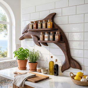 Sculptural Solid Wood Dolphin Spice Rack with Double Wall Shelves
