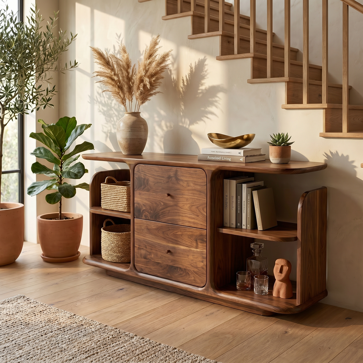 Natural Solid Wood Sideboard with Two Drawers and Open Display Shelves