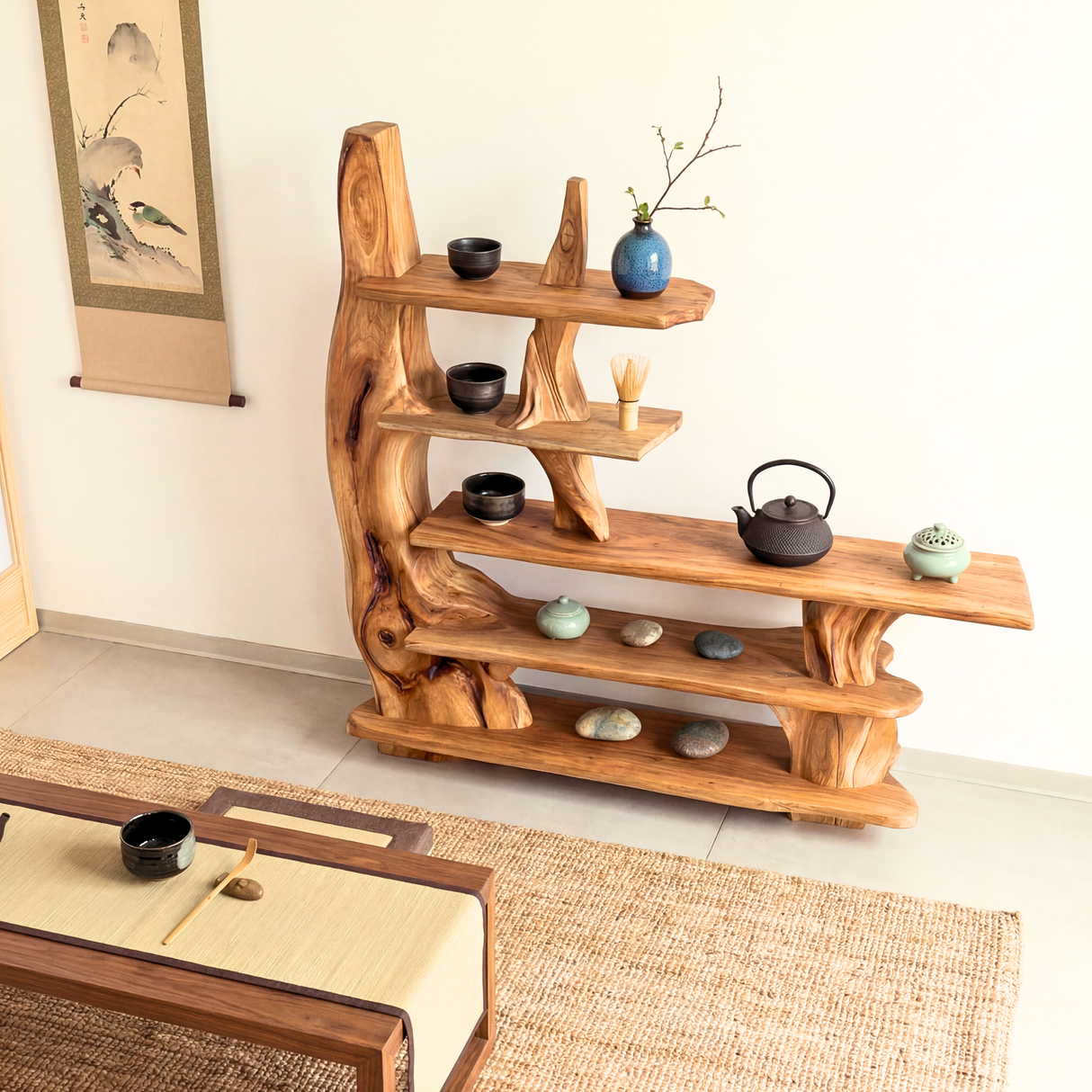 Organic Sculptural Solid Wood Console Table with Multi Tier Display Shelves Artistic Freeform Entryway Table