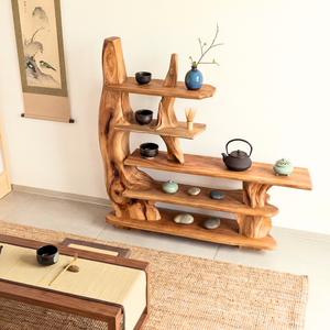 Organic Sculptural Solid Wood Console Table with Multi Tier Display Shelves Artistic Freeform Entryway Table