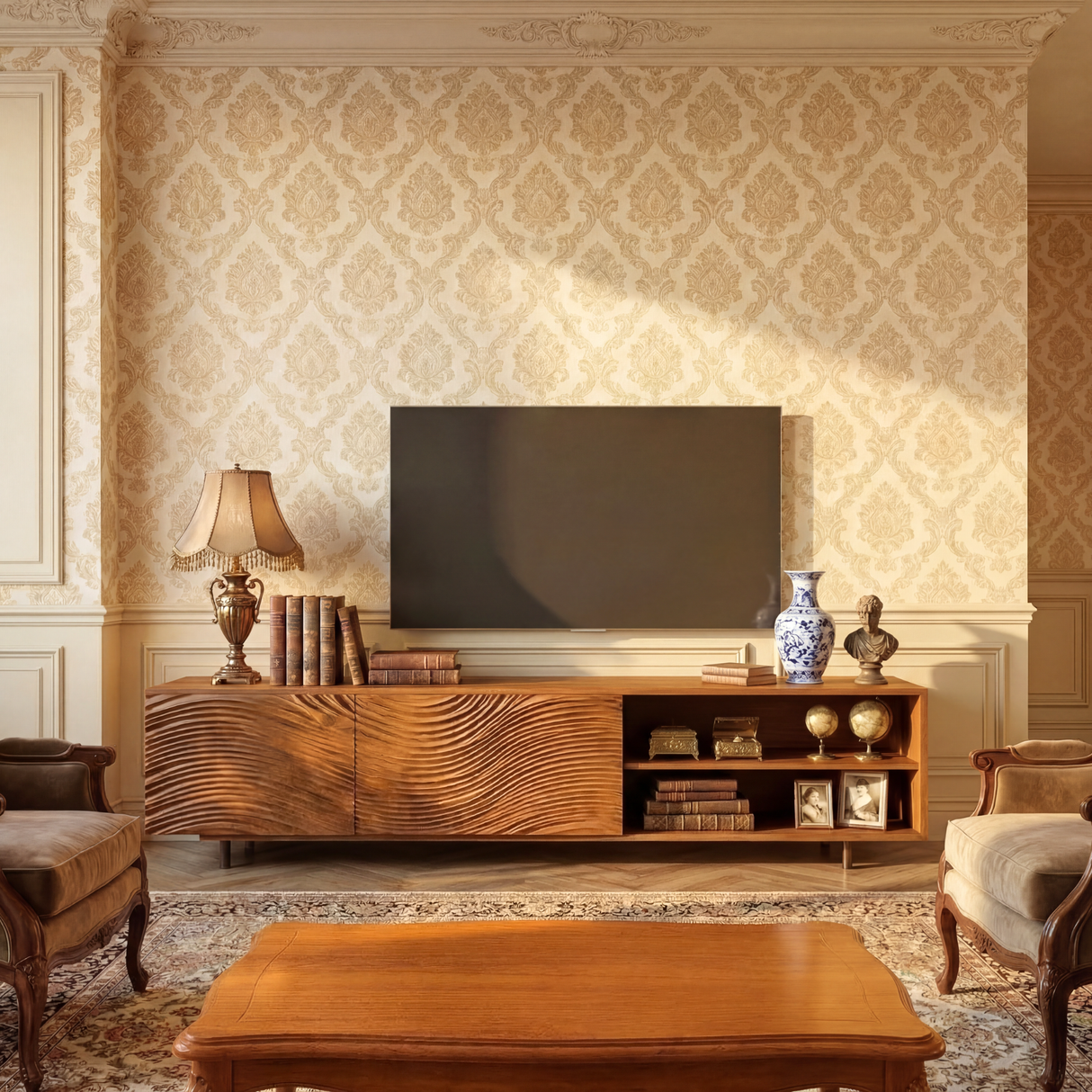 Sculptural Wood TV Cabinet with Carved Wave Front and Open Shelving, Modern Media Console.