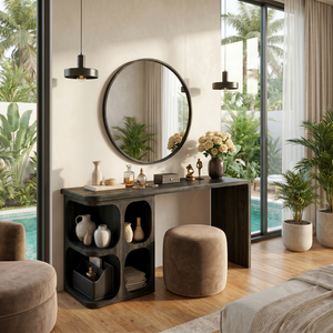 Organic Solid Wood Vanity Desk with Rounded Cubby Storage and Waterfall Panel