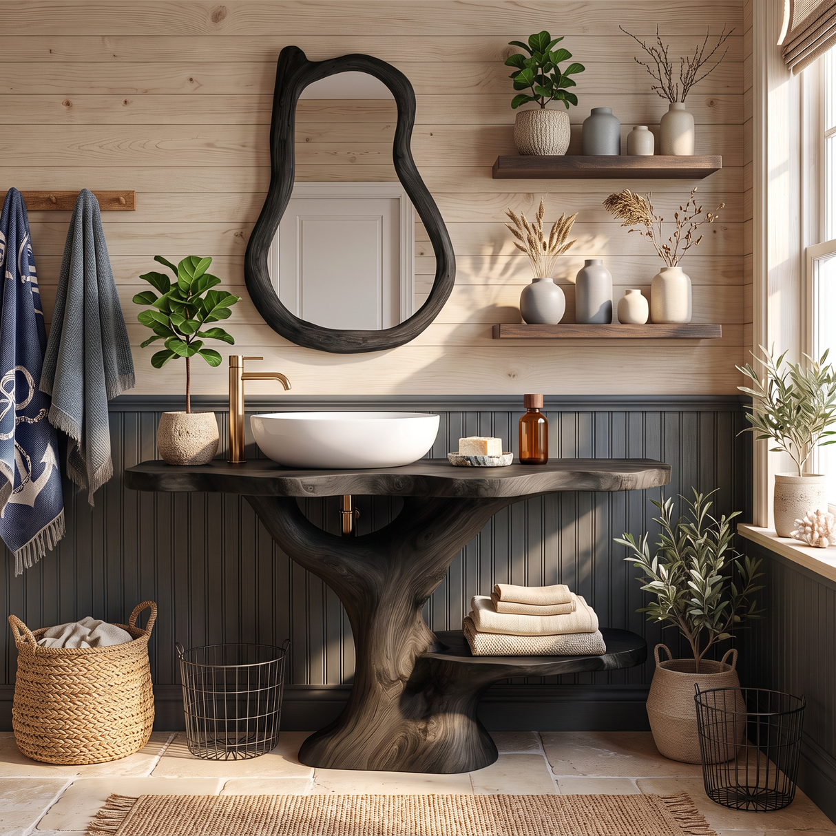 Bathroom Vanity Solid Wood with Tree Form Pedestal and Towel Shelf