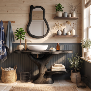 Bathroom Vanity Solid Wood with Tree Form Pedestal and Towel Shelf