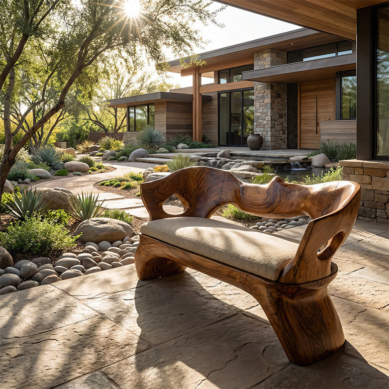 Sculptural Solid Wood Bench with Organic Carved Form
