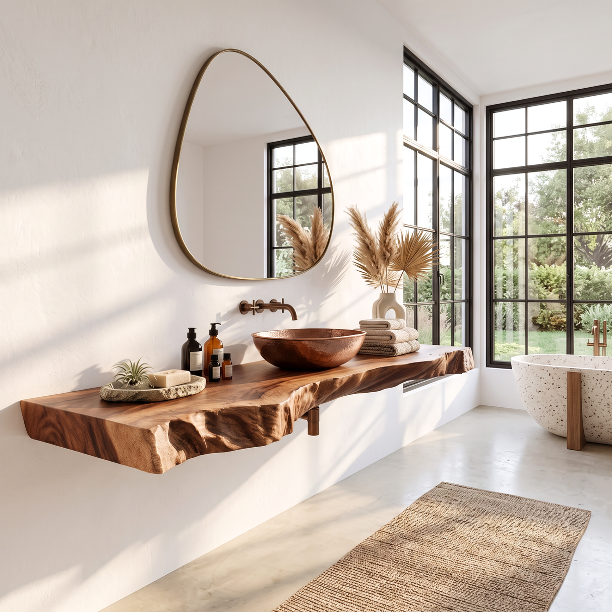 Solid Wood Floating Bathroom Vanity Shelf with Thick Live Edge Slab