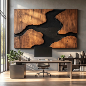 Sculptural Wood Wall Art Panel with Black River Form