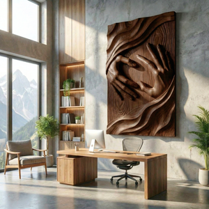Handcrafted Solid Wood Wall Sculpture with Connected Hands and Flowing Grain Landscape