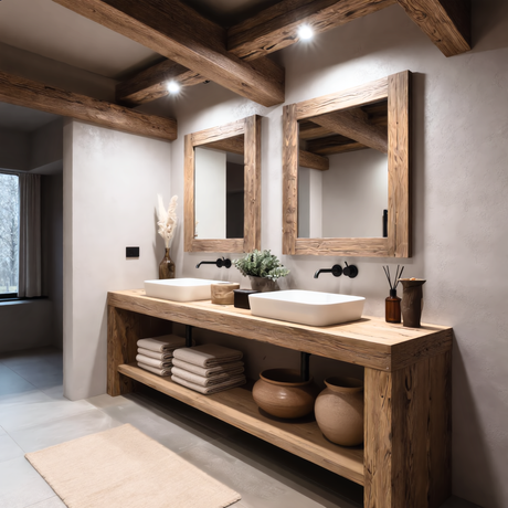 Rustic Wood Double Vanity Cabinet with Open Shelf Storage