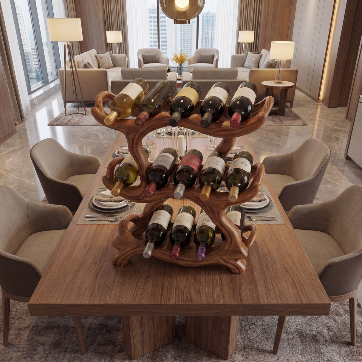 Organic Solid Wood Wine Rack Multi Tier Sculptural Bottle Holder for Kitchen Counter Display
