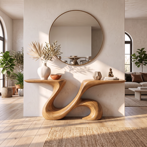Console Table Solid Wood with Sculptural Double Wing Base for Entryway Decor